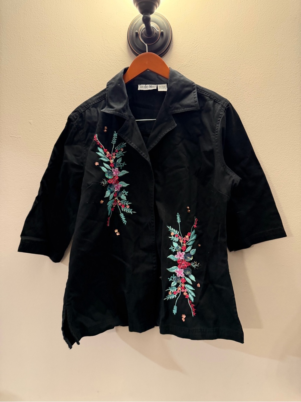 Studio West Womens Black Floral Embroidered Sequin Cotton Button Down Shirt L